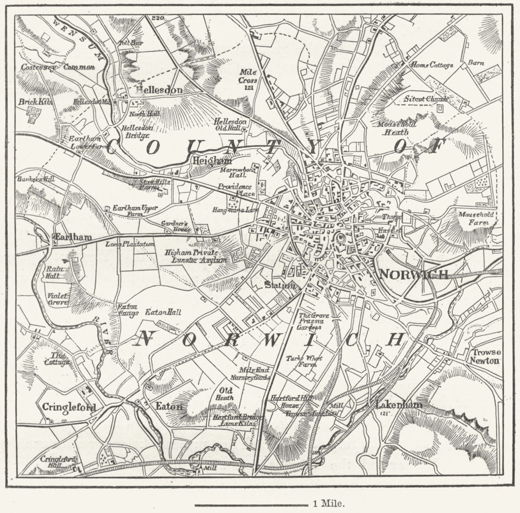 NORFOLK. Norwich, sketch map c1885 old antique vintage plan chart